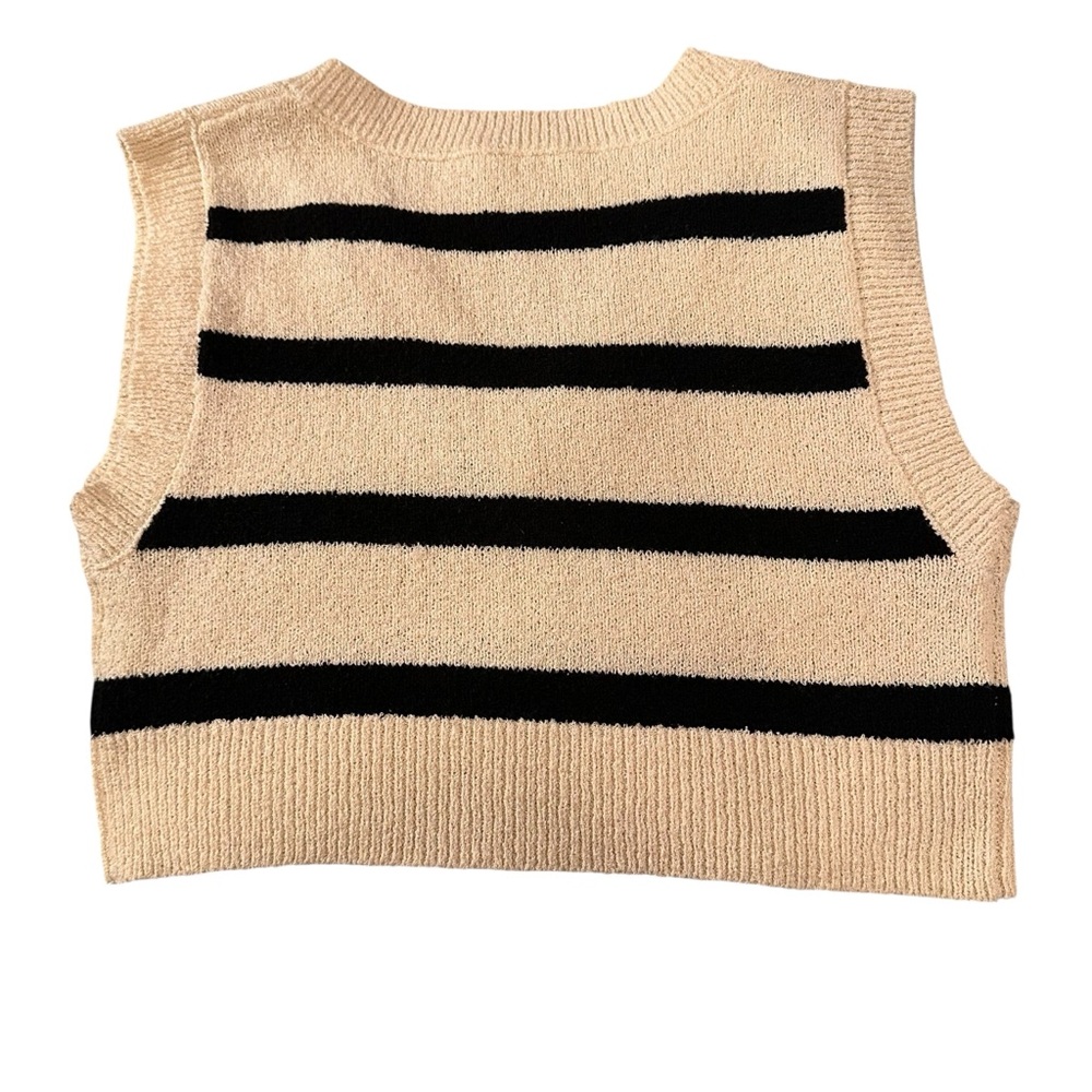 Et Clet Cream Black Striped V Neck Sleeveless Cropped Soft Sweater Vest Medium - Picture 2 of 7